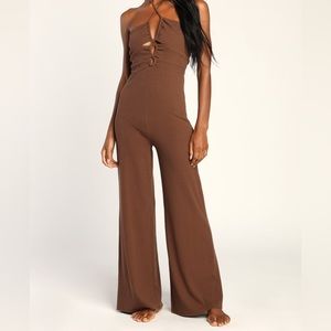 Lulu’s Easy Afternoon Brown Ribbed Knit Halter Lounge Jumpsuit. Size L